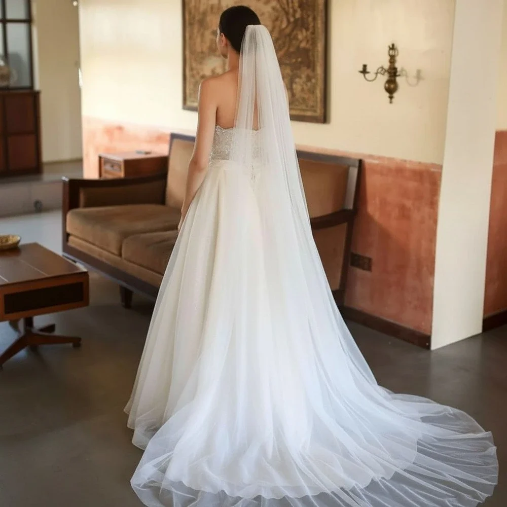 New 90 Inch White Chapel Length Bridal Veil Single Layer Tulle Simple Wedding
